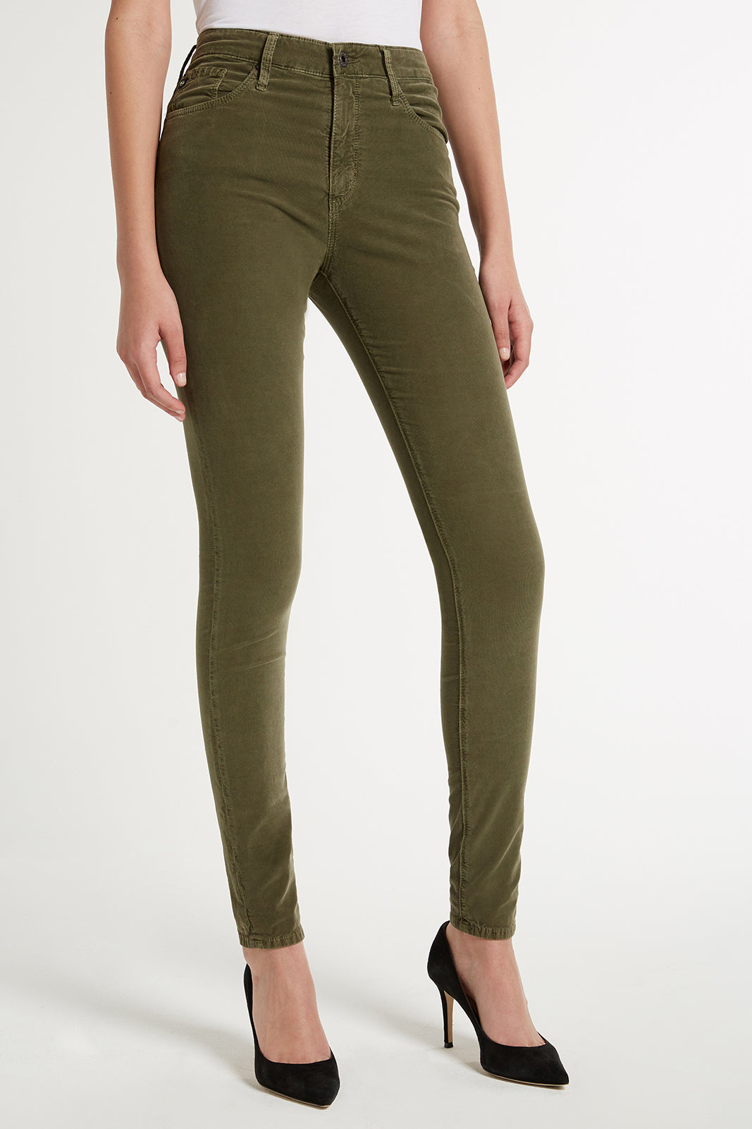 AG Jeans Farrah Skinny High Rise Fine Corded Denim in Sulfur Dried Agave Dark Green Color