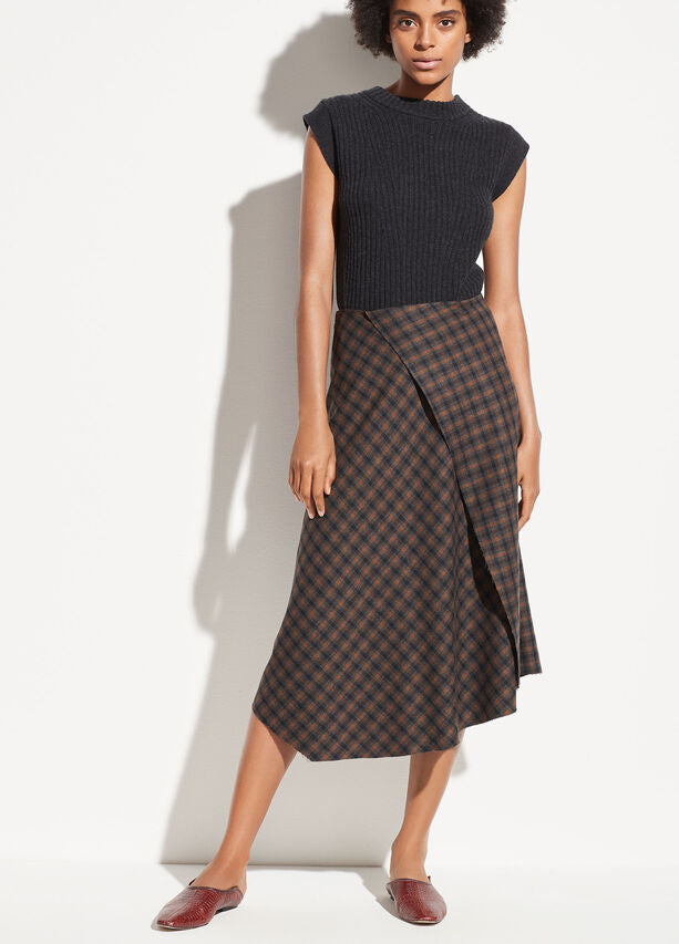 Vince pleated draped plaid midi skirt sale