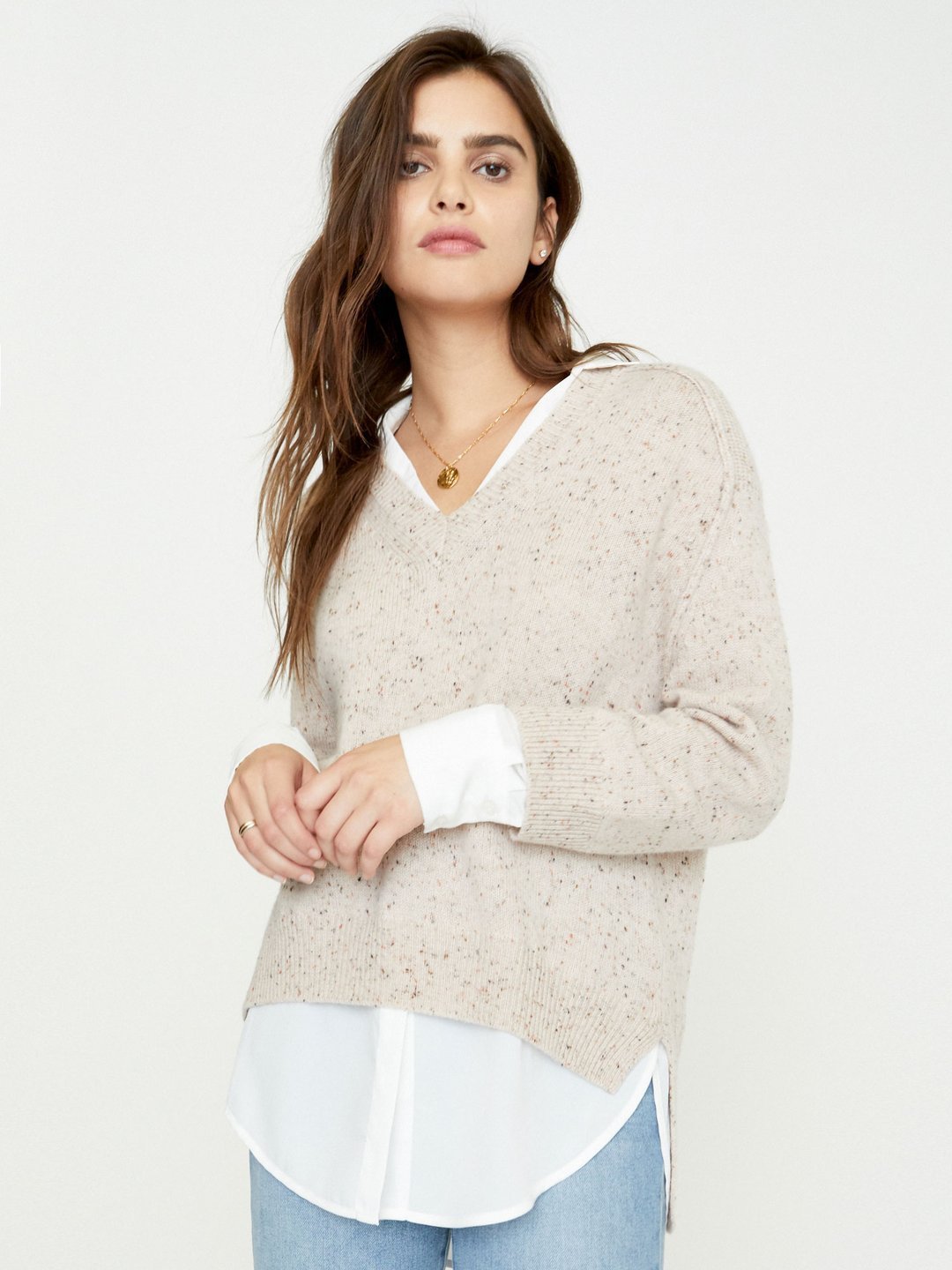 Brochu Walker V Neck Layered Pullover in Nude Multi w White