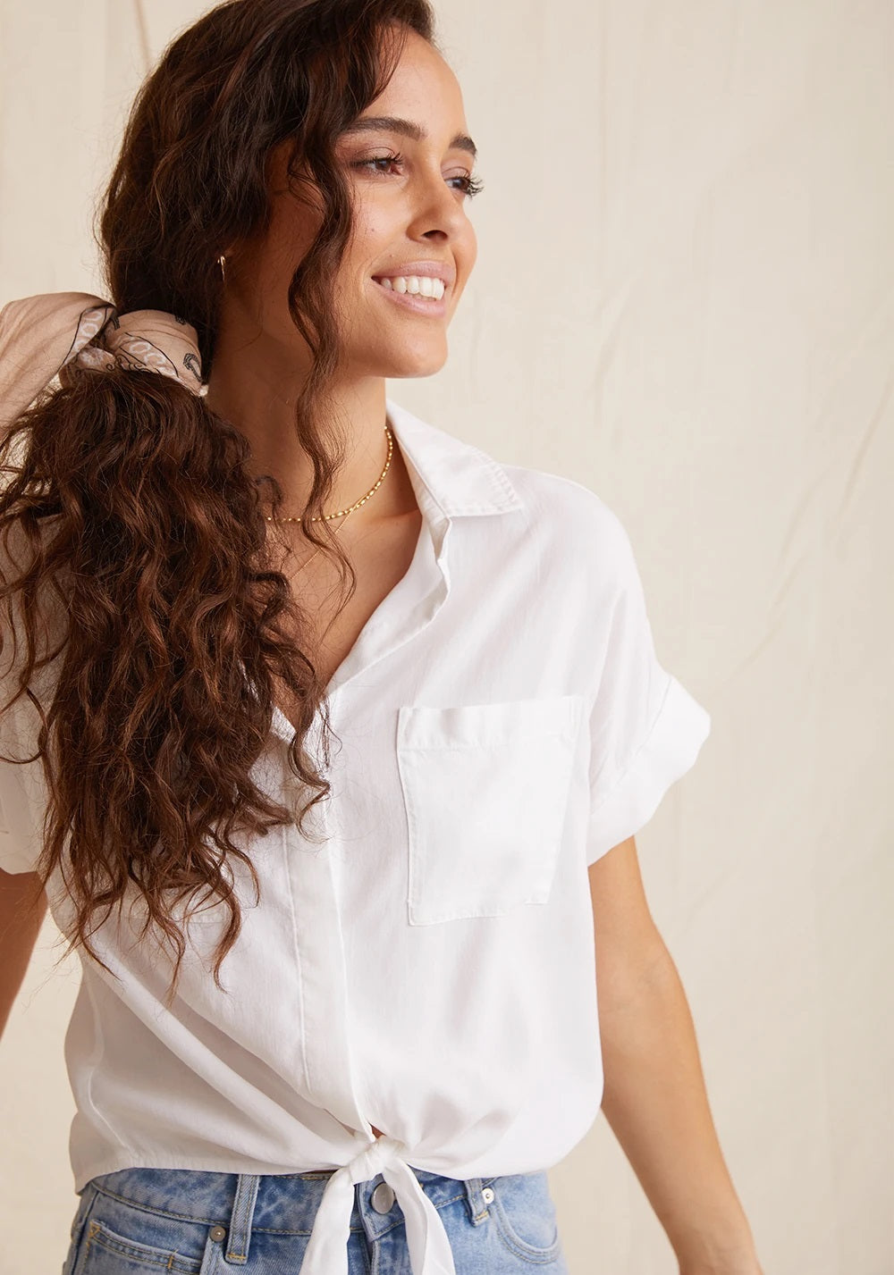 Bella Dahl Cap Sleeve Tie Front Shirt in White