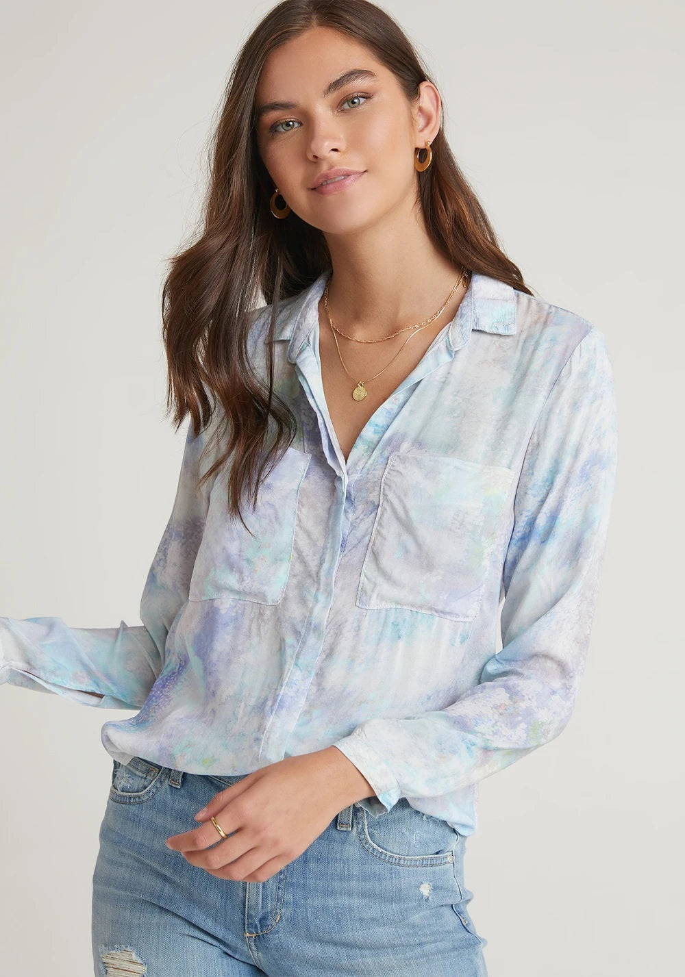 Bella Dahl Full Button Down Hipster Shirt in Irredescent Aqua