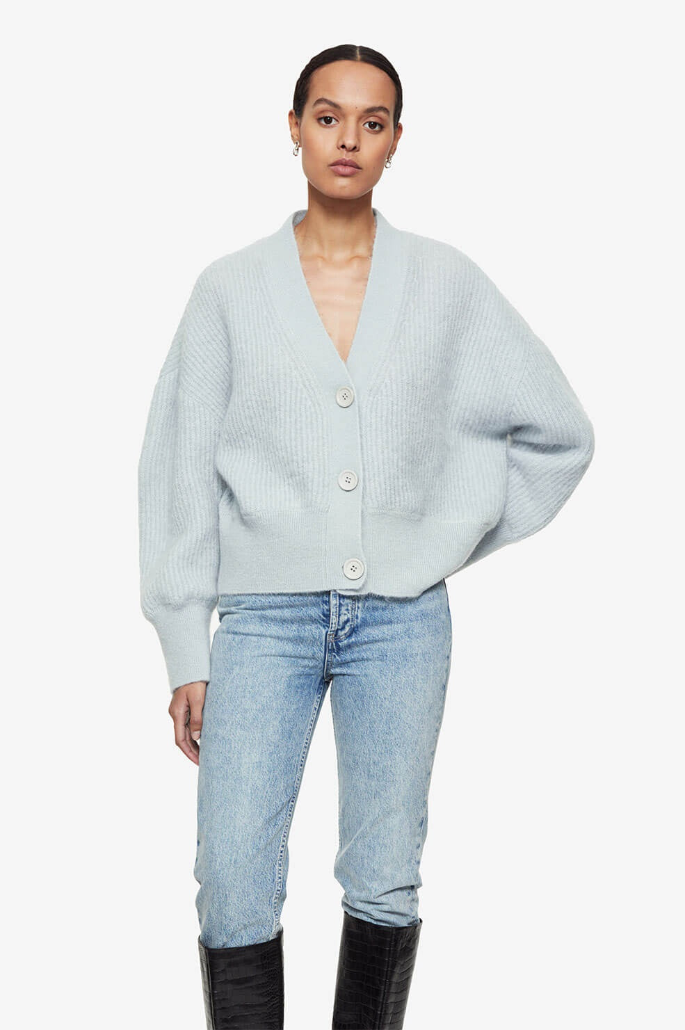 Anine Bing Maxwell Cardigan in Light Blue Blond Genius