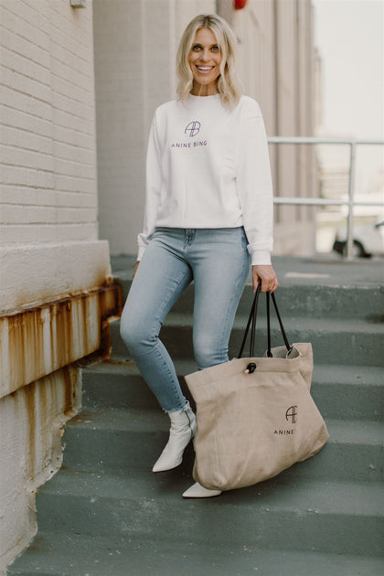 Anine Bing Ramona Monogram Sweatshirt in White - Black White Denim