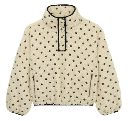 The Great The Countryside Sherpa Pullover in Cream w Black Embroidered Floral