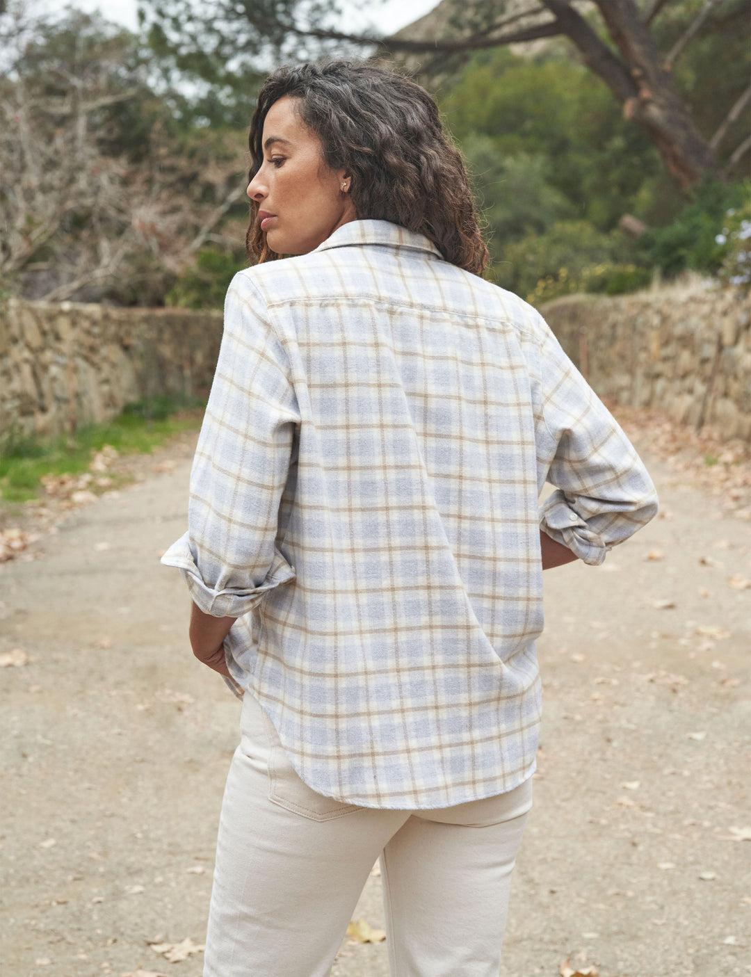 Gray and Tan Plaid Eileen Woven Button Up