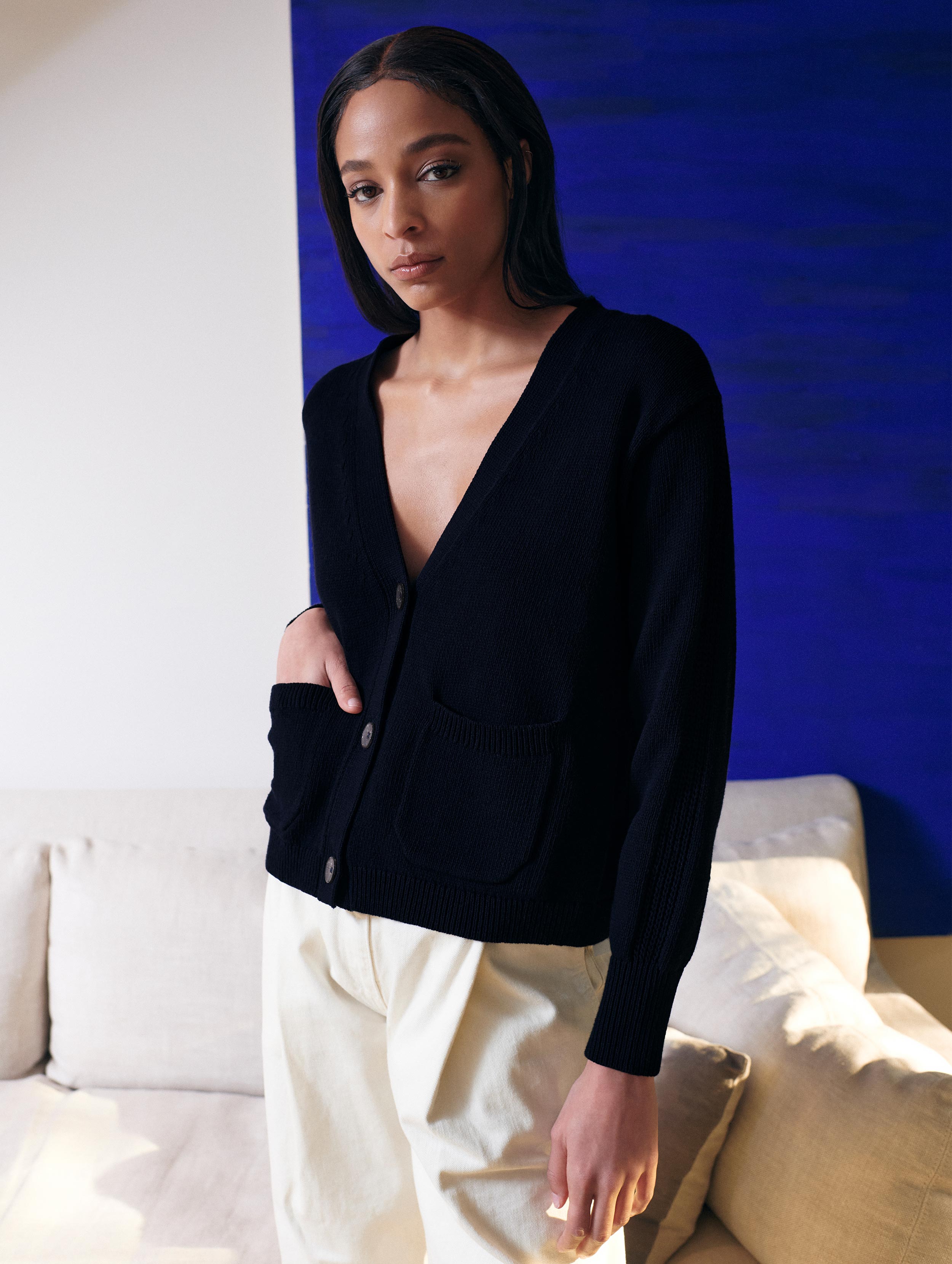 GANNI Navy amp; White Patch Pocket Cardigan