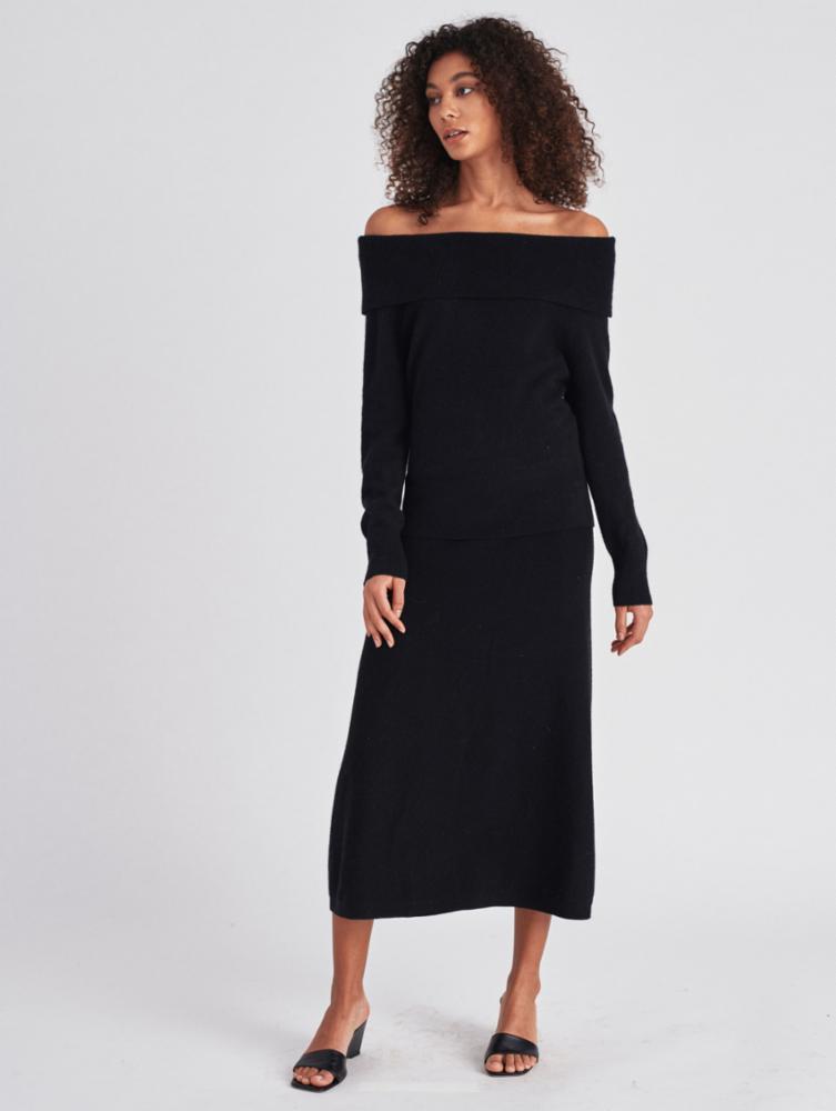 White + Warren - Cashmere Bardot Sweater in Black