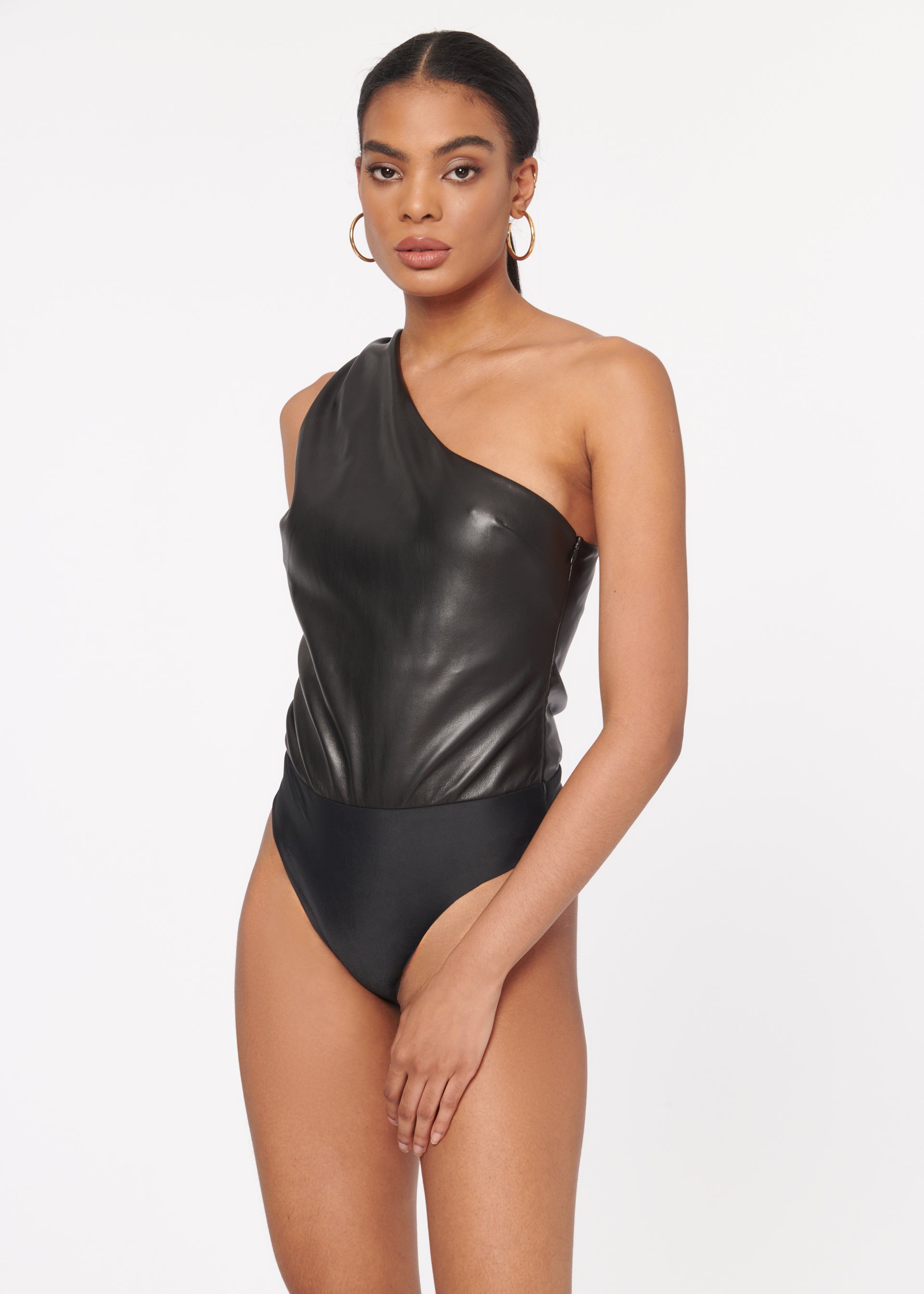 Cami NYC Chrissa Vegan Leather Bodysuit in Black Blond Genius