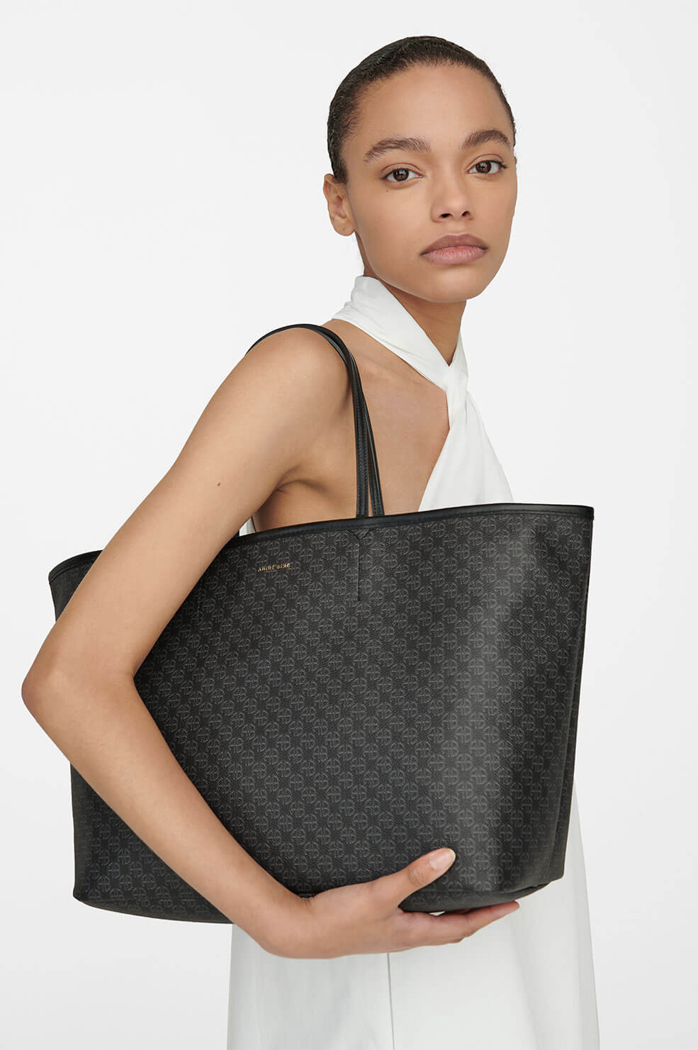 Anine Bing Emma Tote in Black Monogram Print Blond Genius