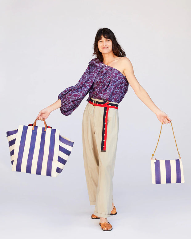 Clare V. Beach Tote With Flat Clutch - Striped Mesh Azul Shell