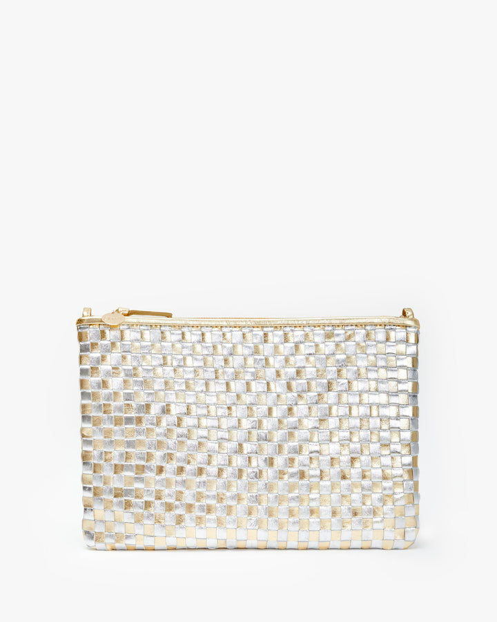 Clare V. - Flat Clutch w/ Tabs in Gold & Silver Woven Checker