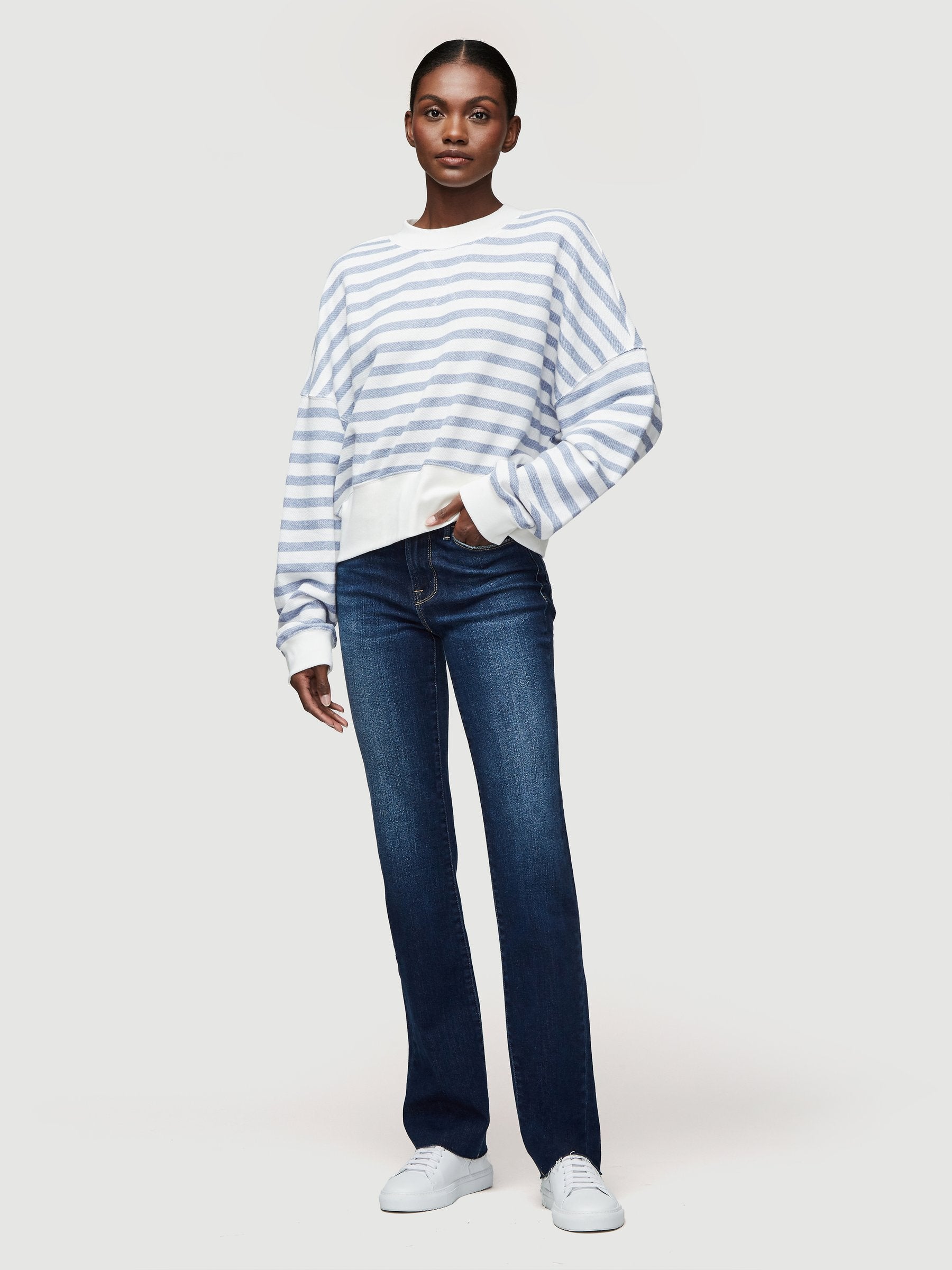 FRAME Drop-Shoulder Striped Crewneck Pullover popular Chambray Top