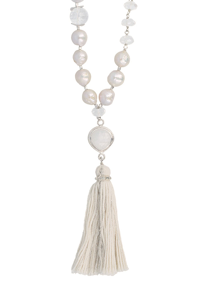 Chan Luu White Pearl Mix Tassel Necklace