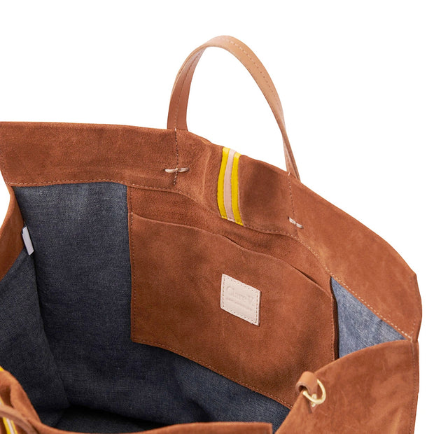 Clare V. Simple Tote Camel Suede with Black & White Stripes