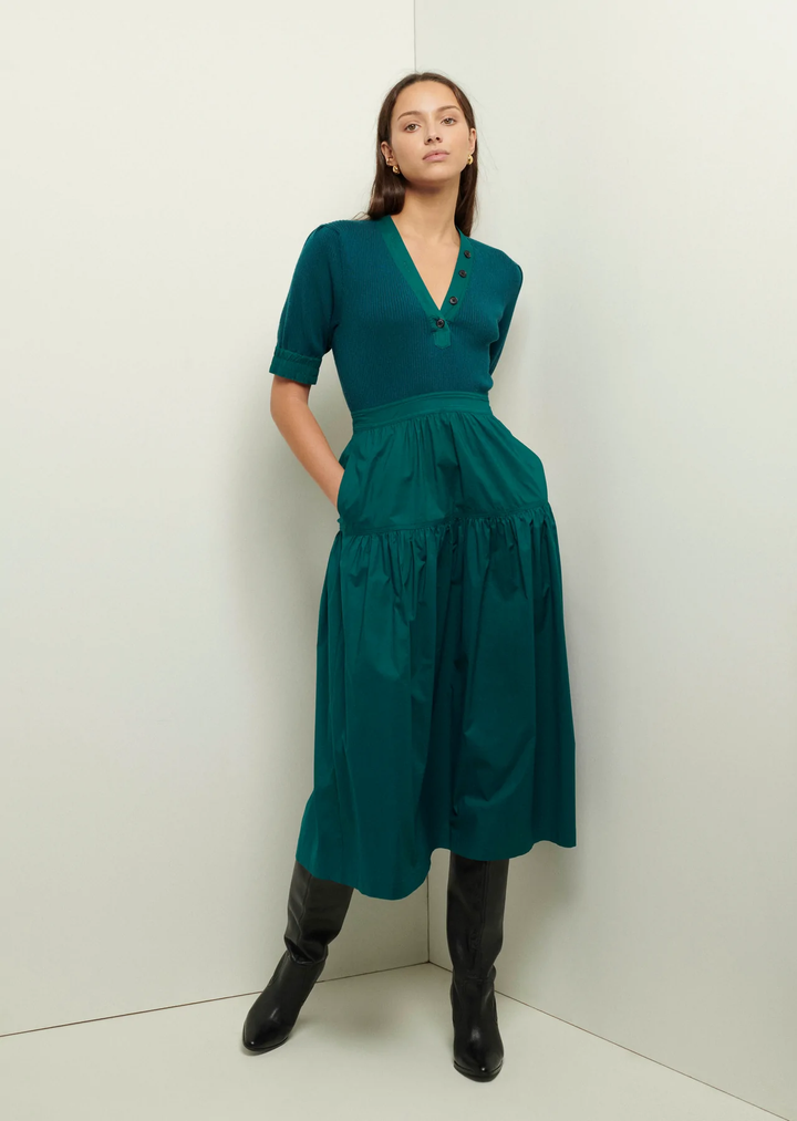 Derek Lam 10 Crosby - Claire Mixed Media Puff Sleeve Dress In Evergreen