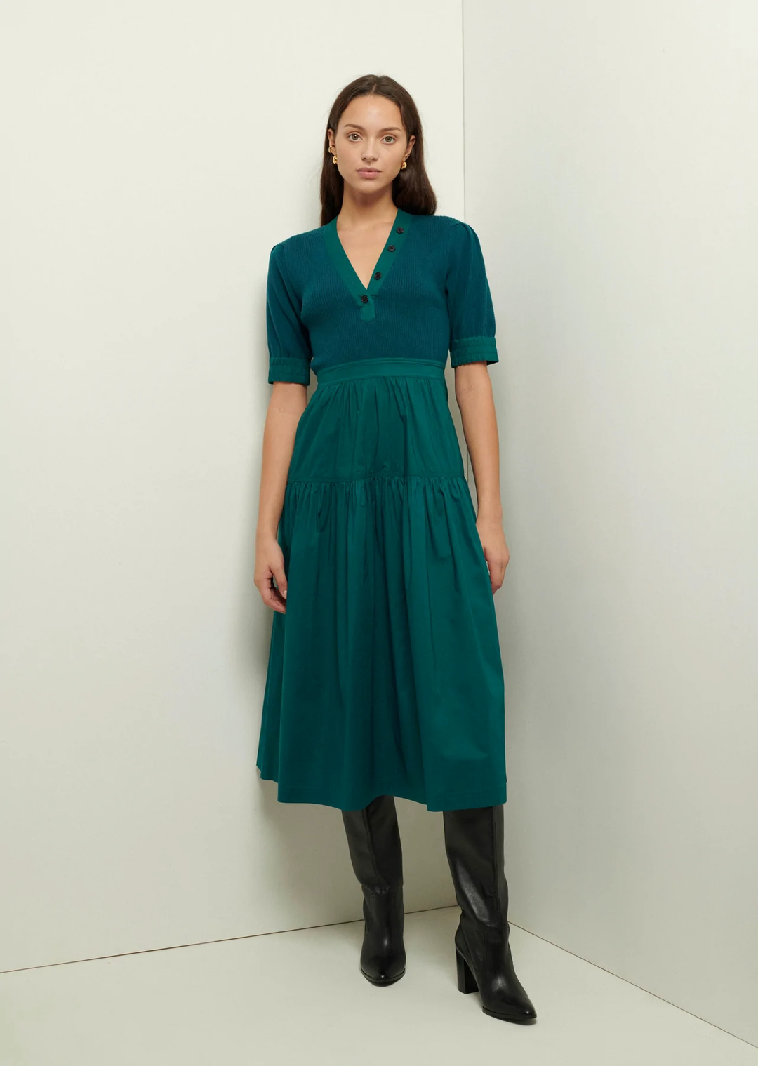 Derek Lam 10 Crosby - Claire Mixed Media Puff Sleeve Dress In Evergreen