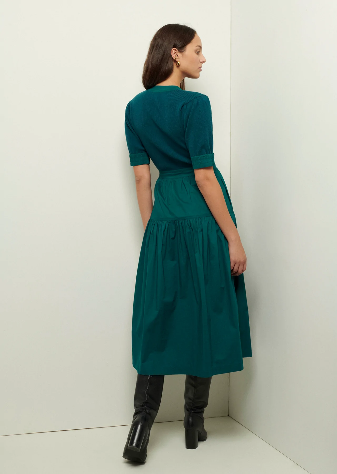 Derek Lam 10 Crosby - Claire Mixed Media Puff Sleeve Dress In Evergreen