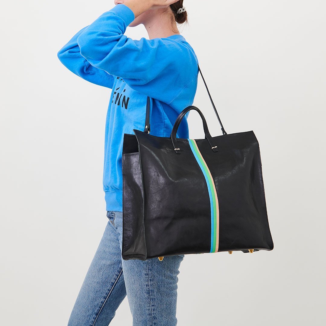 Clare V. - Simple Tote in Black Rustic w/ Pale Pink, Parrot Green & Cerulean Italina Nappa Mini Stripes