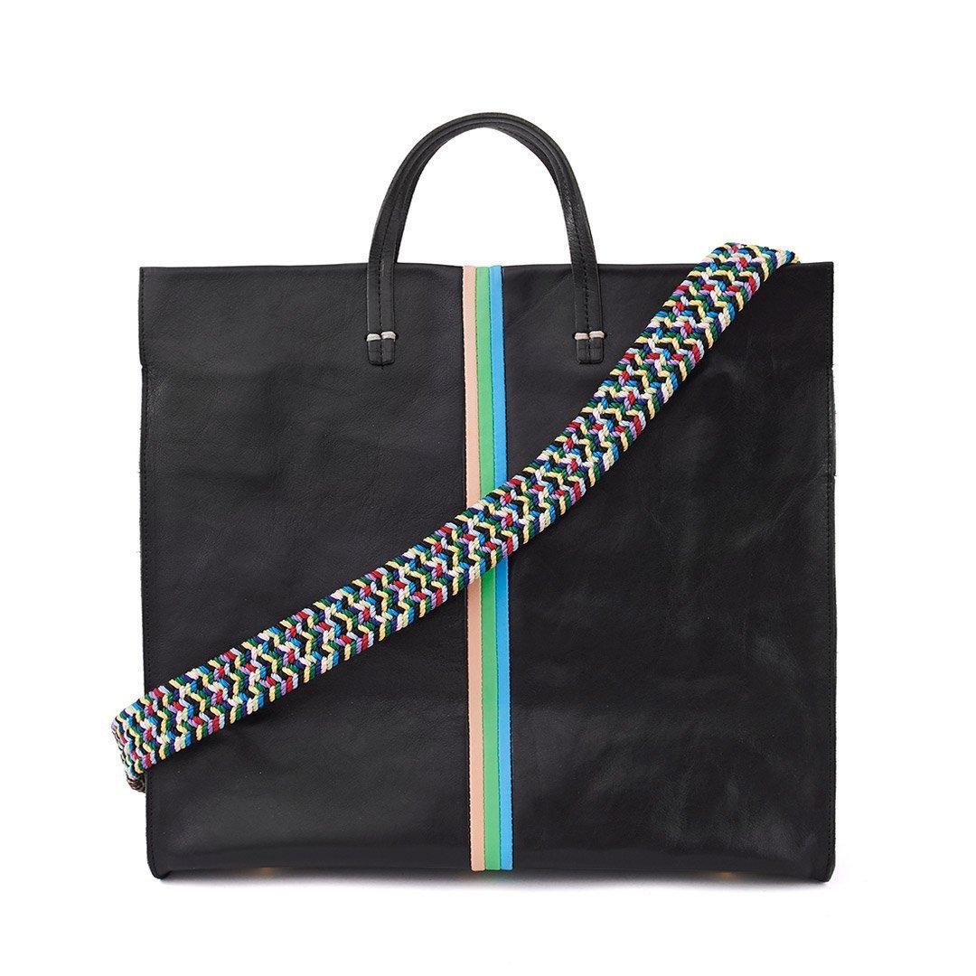 Clare V. - Simple Tote in Black Rustic w/ Pale Pink, Parrot Green & Cerulean Italina Nappa Mini Stripes