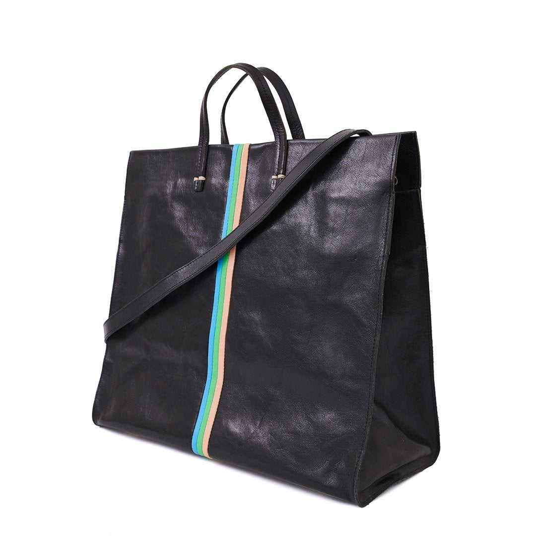 Clare V. - Simple Tote in Black Rustic w/ Pale Pink, Parrot Green & Cerulean Italina Nappa Mini Stripes