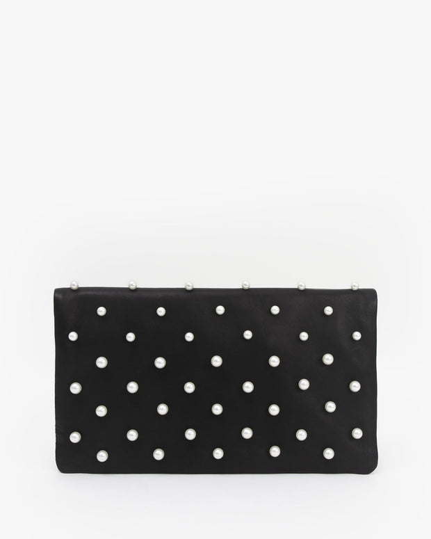 Clare V. - Foldover Clutch w/ Tabs in Black Italian Nappa w/ Pearls