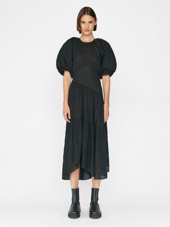 Frame - Gathered Seam Puff Sleeve Dress in Noir