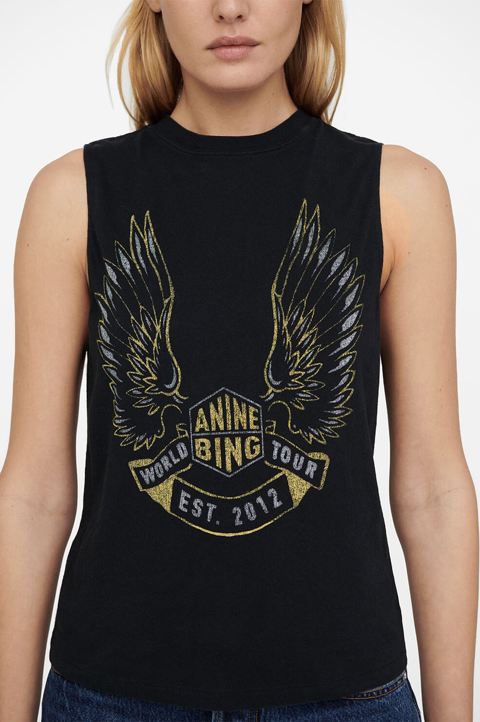 Anine Bing Lennon Tee Gold Wings in Black Blond Genius