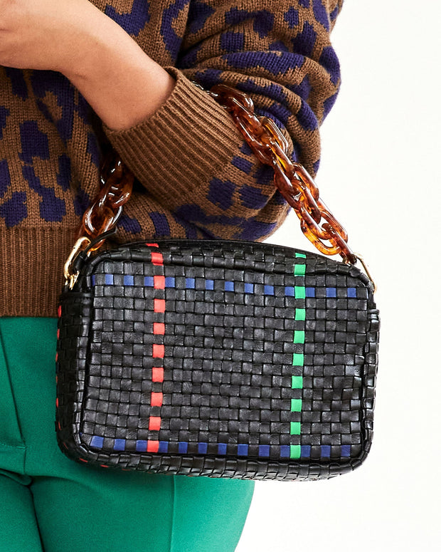 Clare V. - Bateau Tote in Black w/ Pacific, Cherry Red & Parrot Green Plaid  Woven Checker