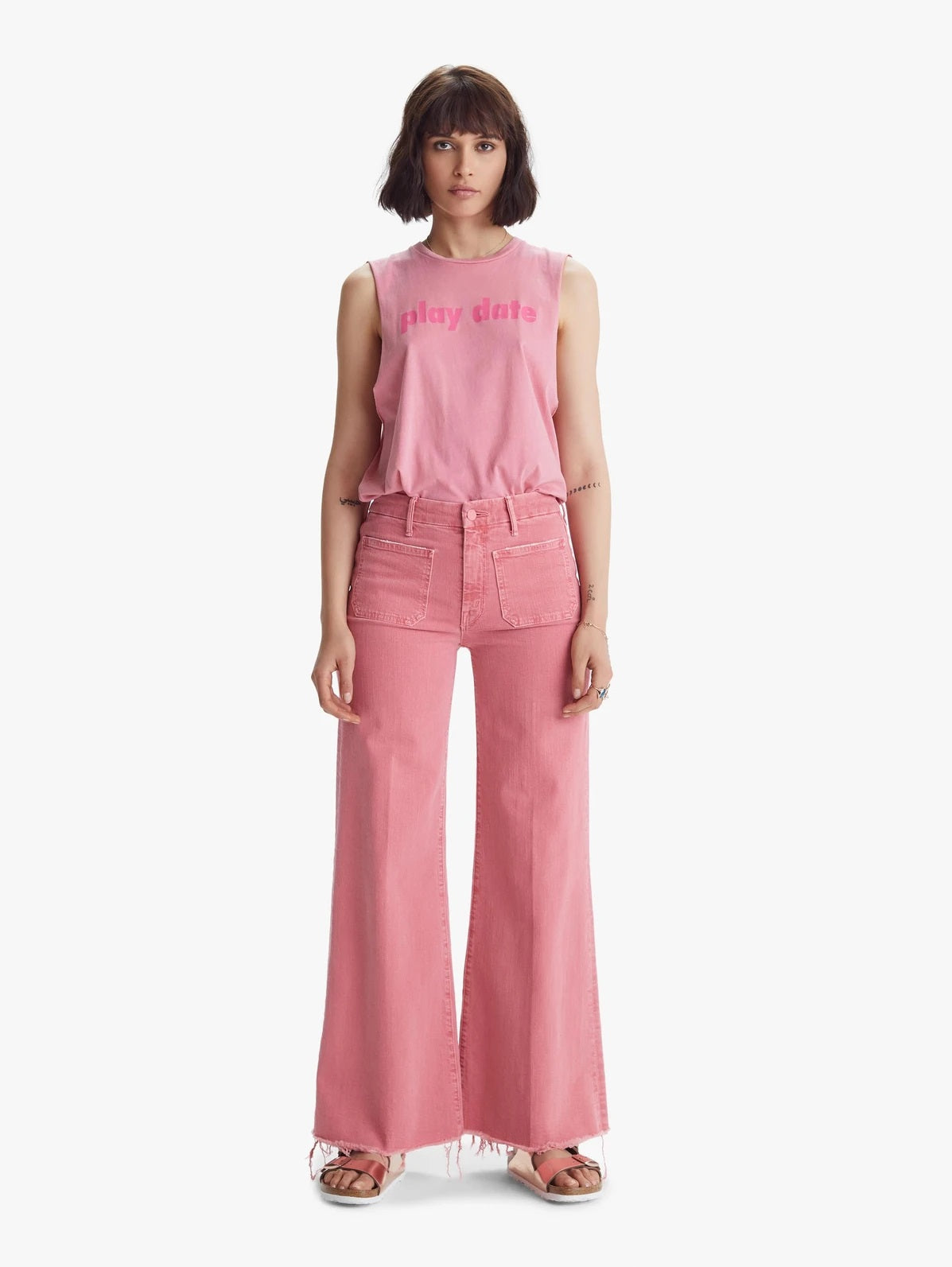 Mother Denim - The Patch Pocket Roller Fray Wide-Leg Jeans in Mauve Glow