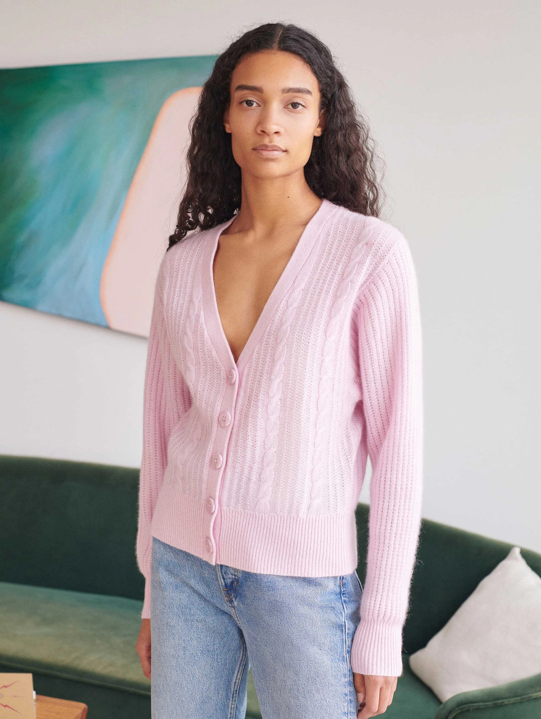 White + Warren - Blouson Sleeve Cable Cardigan in Pink Tourmaline