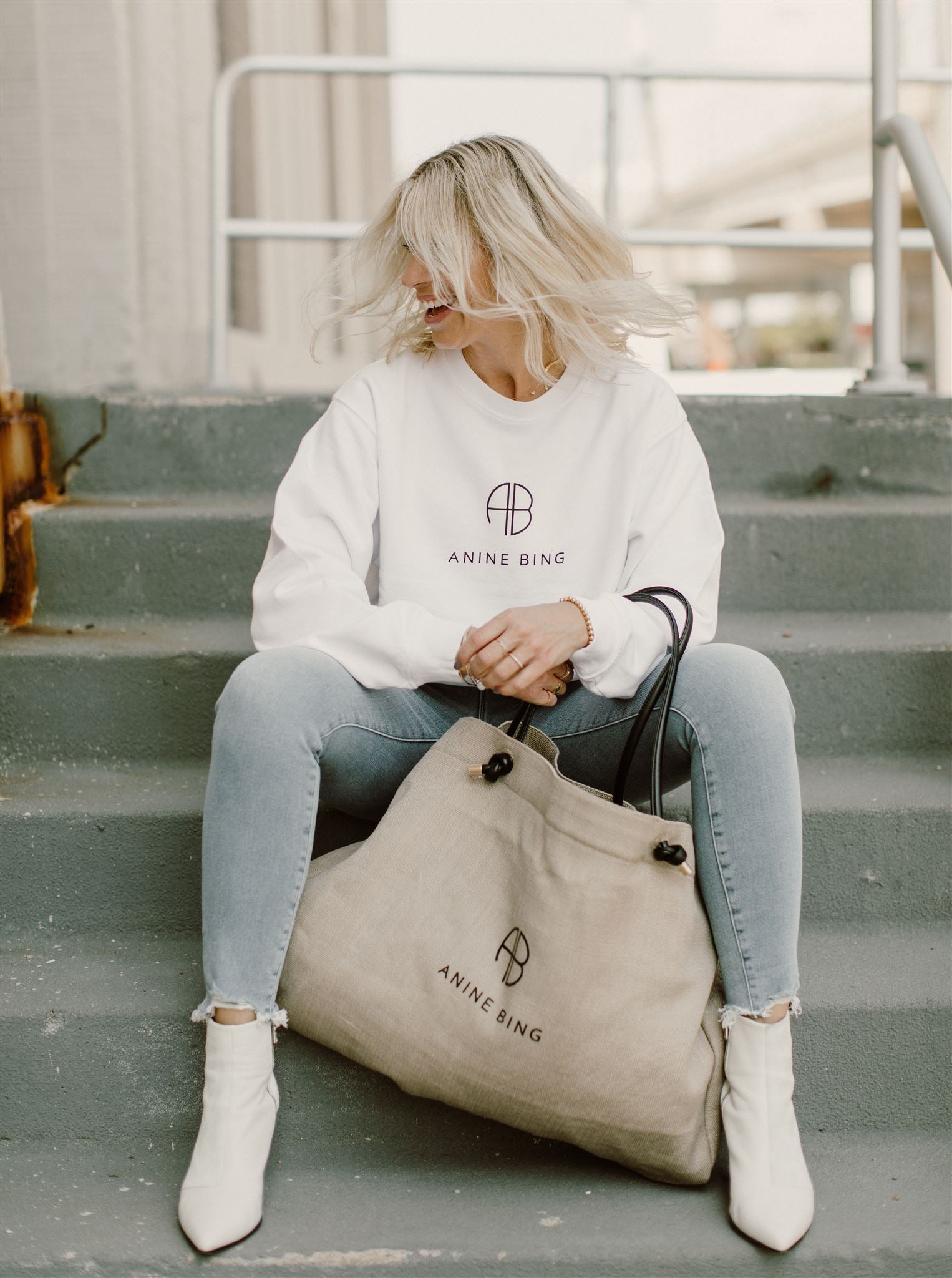 Anine Bing Ramona Sweatshirt Monogram in White Blond Genius