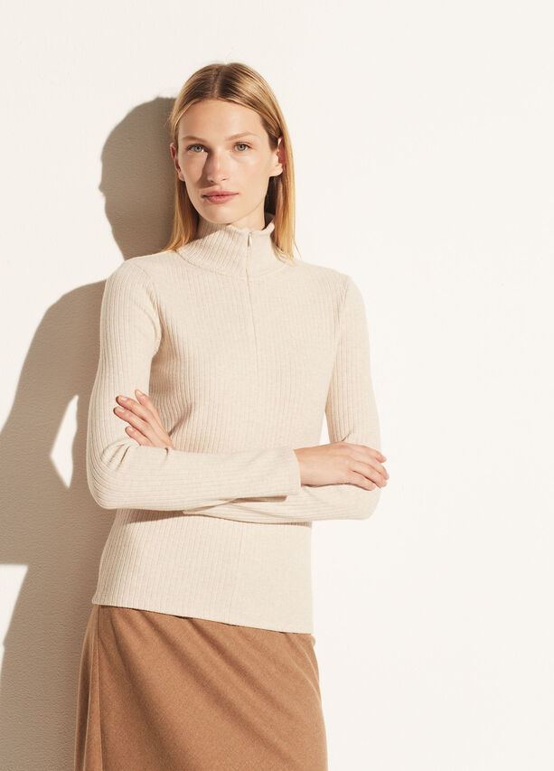 Vince Ribbed Half Zip Turtleneck in Heather Dark Ivory Blond