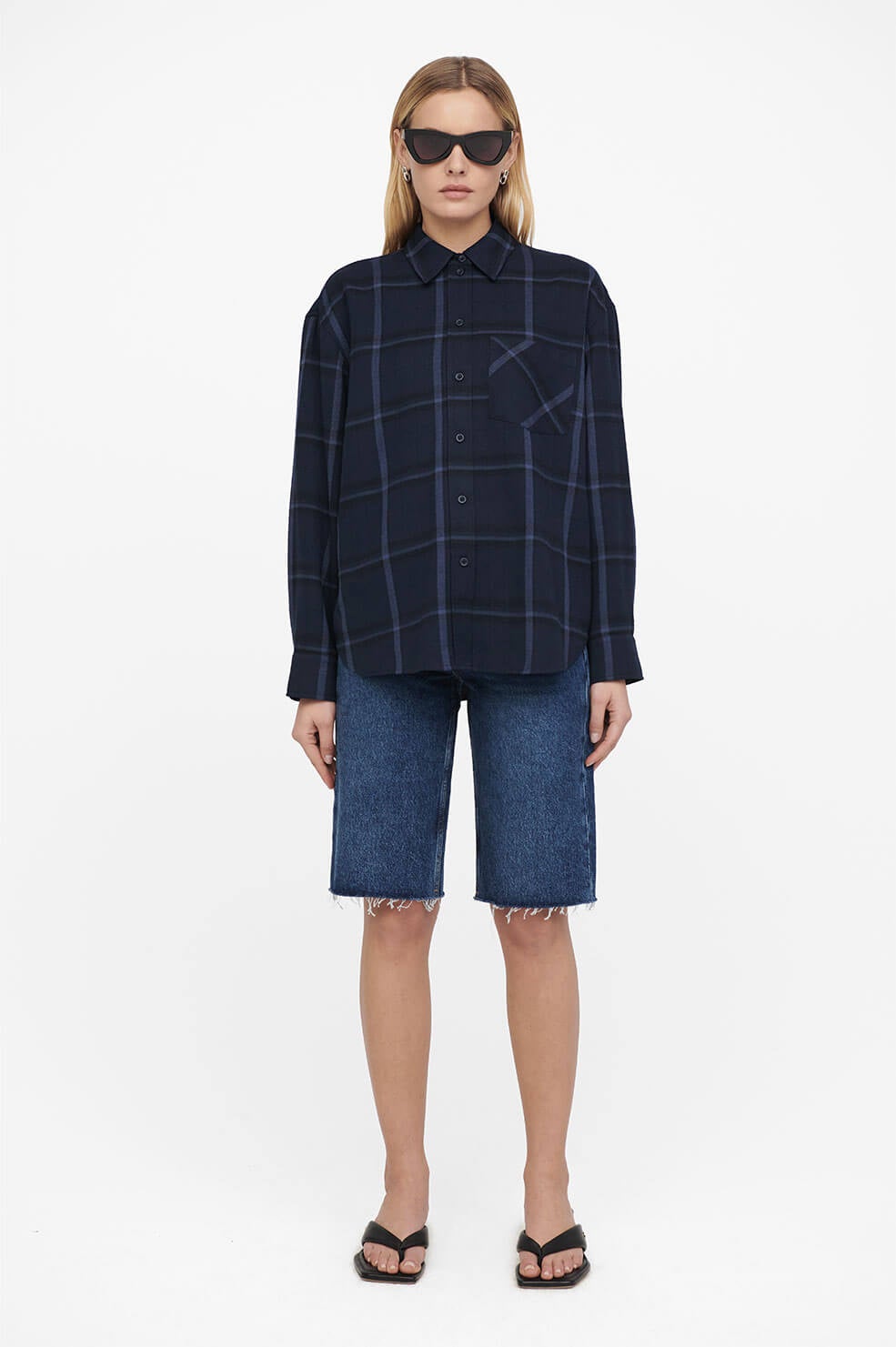 Anine Bing Sam Shirt in Blue Plaid Blond Genius