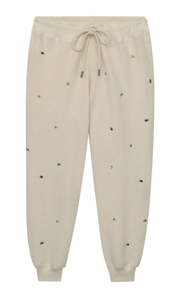 The Great - The Sherpa Cropped Sweatpant w/ Ditsy Floral Embroidery in Washed White