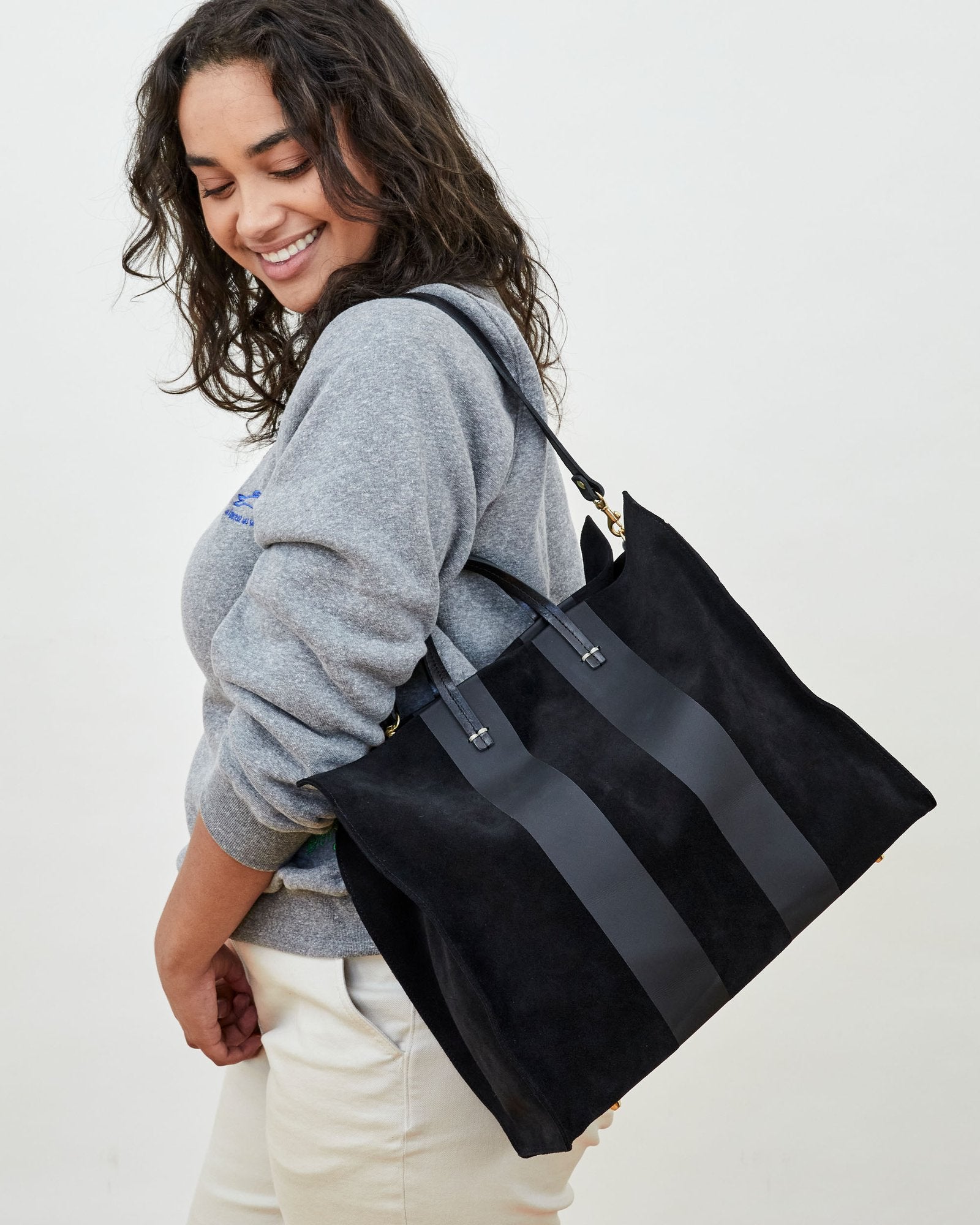 Clare V. Simple Tote in Black Suede w Matte Black Racing Stripes Blond Genius