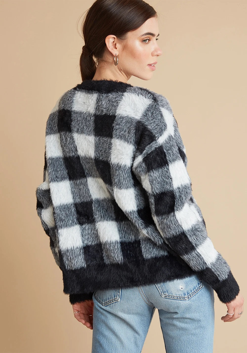 Bella Dahl Sweater Cardigan in White and Black Plaid